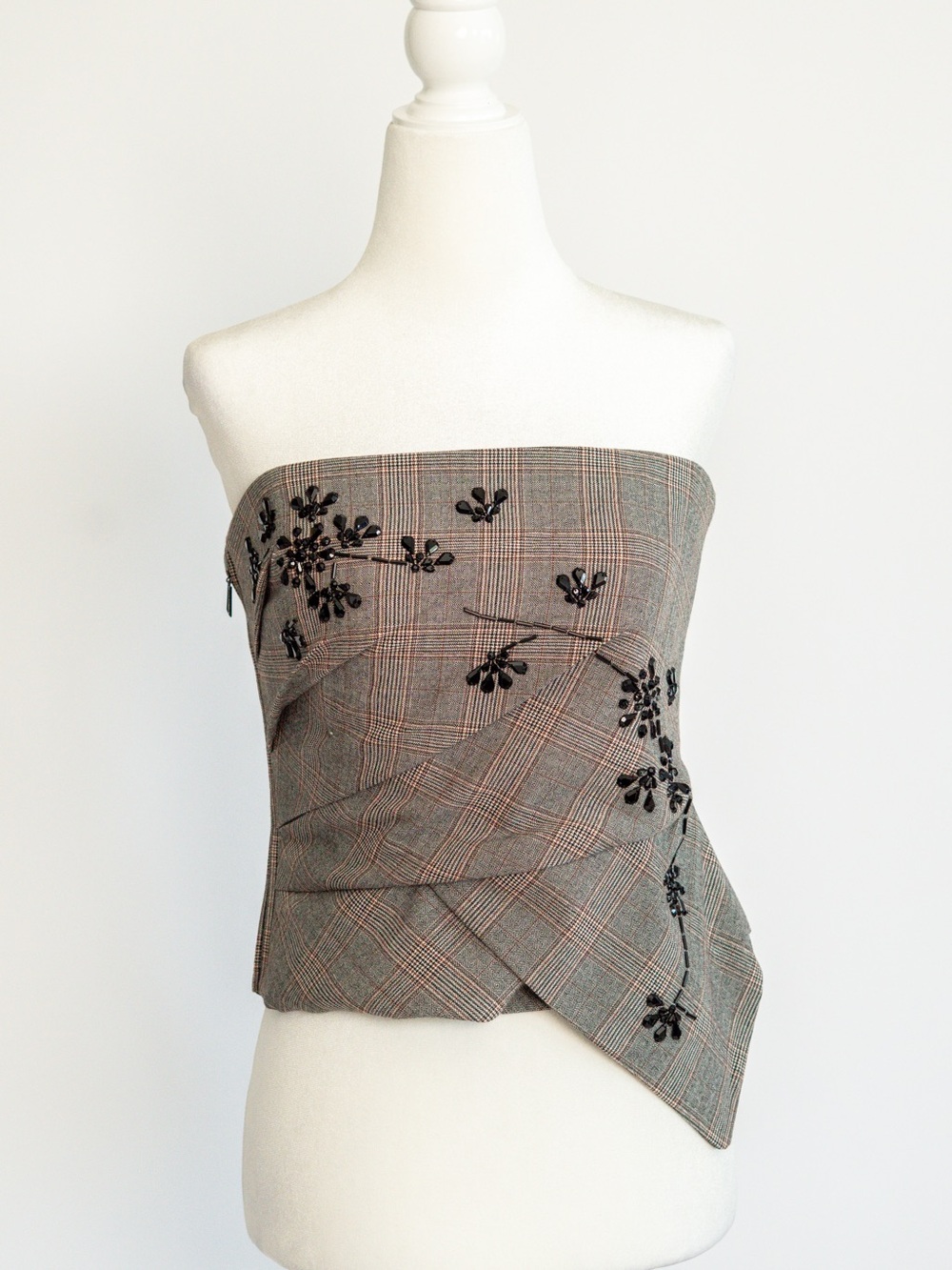 WHBM Plaid Strapless Skirt with Black Embroidered Detail
